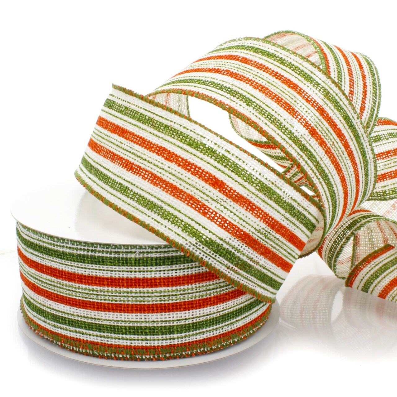 2 1/2" Wired Ribbon Fall Orange/Green/Cream Stripes Burlap 10 Yards